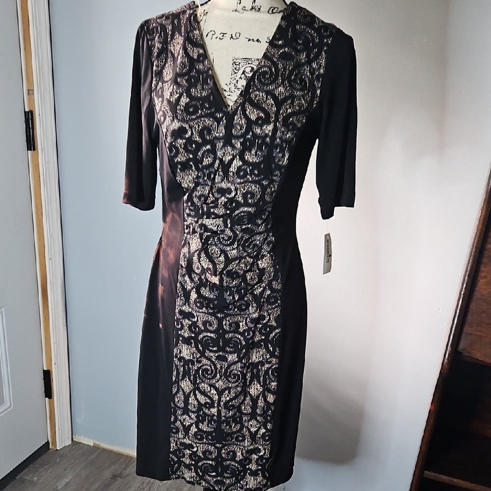 Dressbarn Black and Tan Sheath Midi Dress V-Neck 3/4 Sleeve